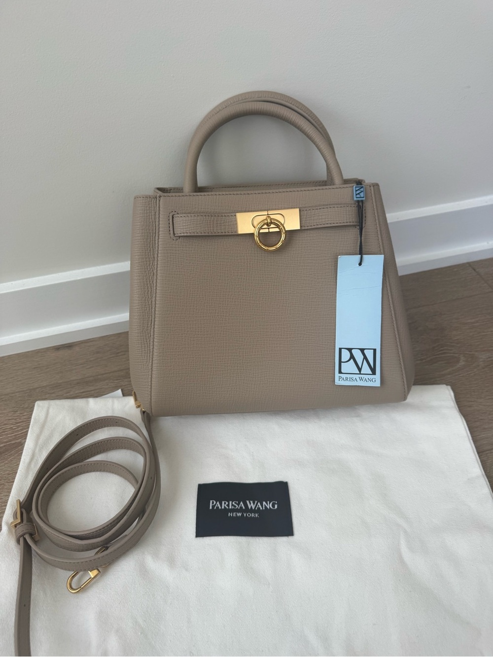 Parisa Wang Madison Top Handle Medium Taupe Bag w Gold Hardware 100% AU calfskin